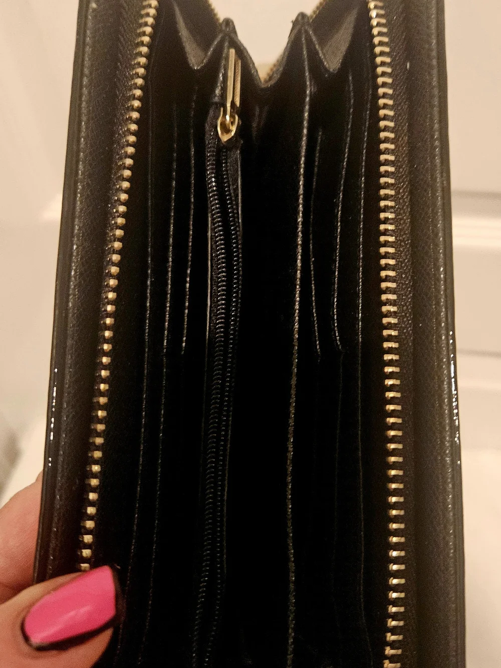 Glossy Black Floral Zip-Around Wallet